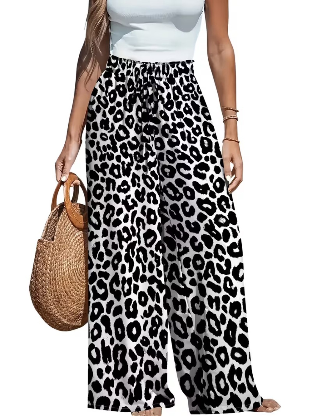 Bold Gray Leopard Wide Leg Pants, Animal Print Palazzos w Drawstring SZ M